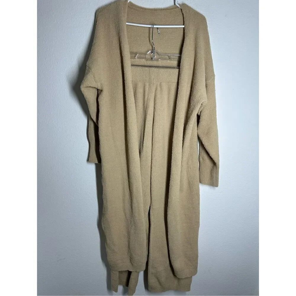 Women’s Cardigan/ Pants Fleece Towed Set Beige Size Medium Open Front
